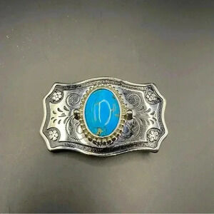 Vintage Silver-tone Turquoise Native American Cowboy Southwestern Belt Buckle